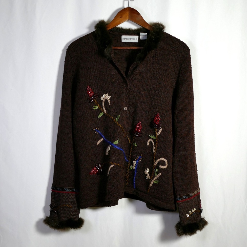 VTG Sharon Young Boho Mixed Media Festival Cardigan Size XL Faux Fur Indie Artsy